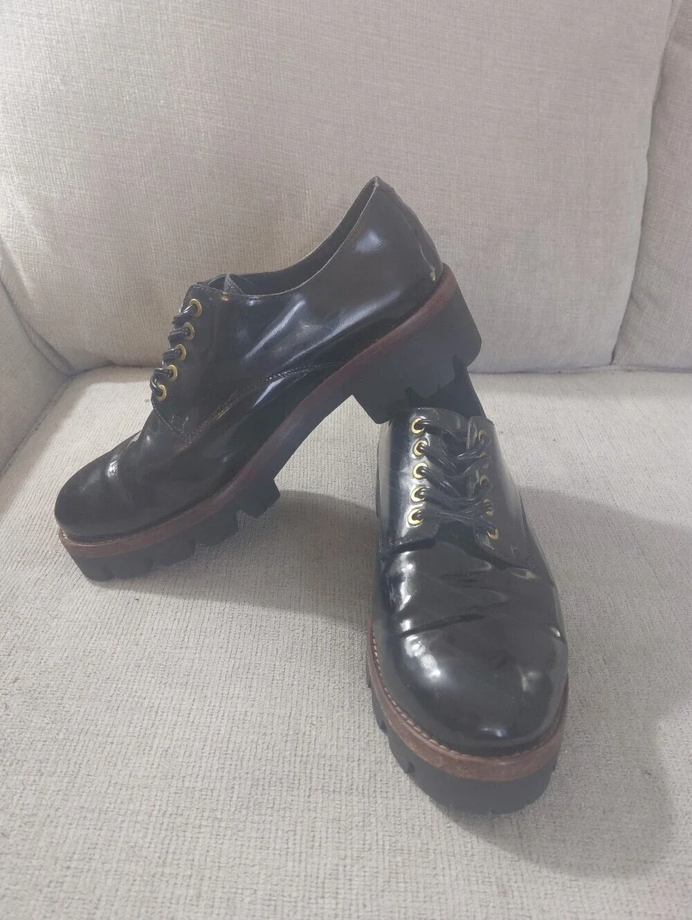 Jeffrey Campbell Black Patent Leather Lace-Up Lug Sole Oxfords Size 9.5
